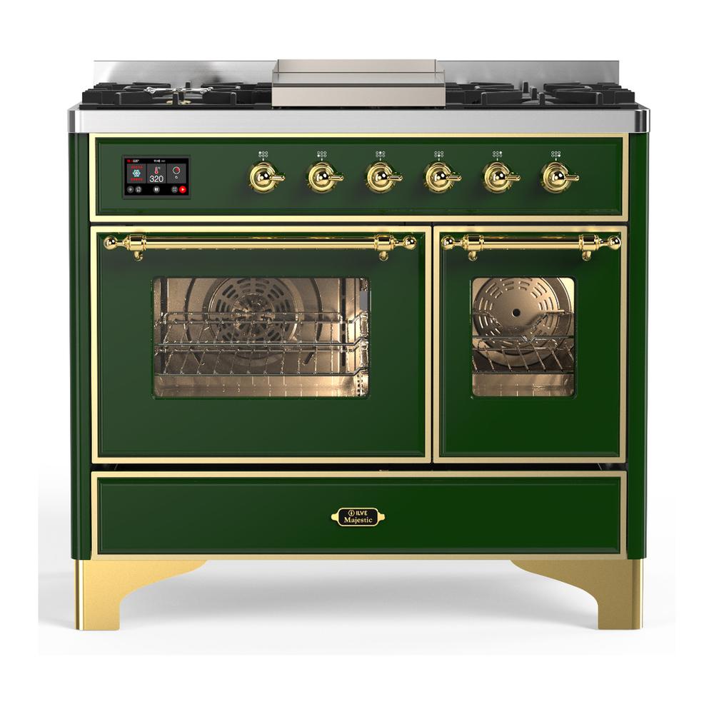 ILVE UMD40FNR3EGG Majestic III 40 inch Dual Fuel Range with 6 Burners and Griddle, Dual Function Burner up to 25,000 BTU (Natural Gas, Triple Glass Door, Emerald Green, Brass)