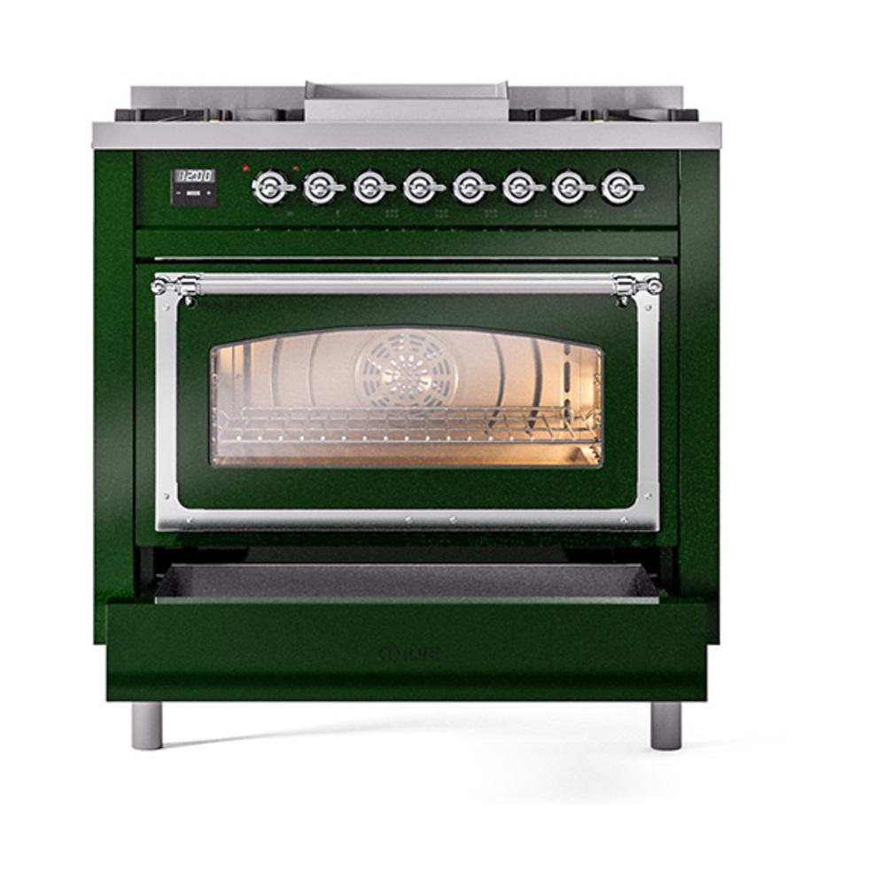 ILVE UN36FNMPEGCLP Nostalgie II Noblesse 36 inch Dual Fuel Range (Liquid Propane, Triple Glass Door, Emerald Green, Chrome)