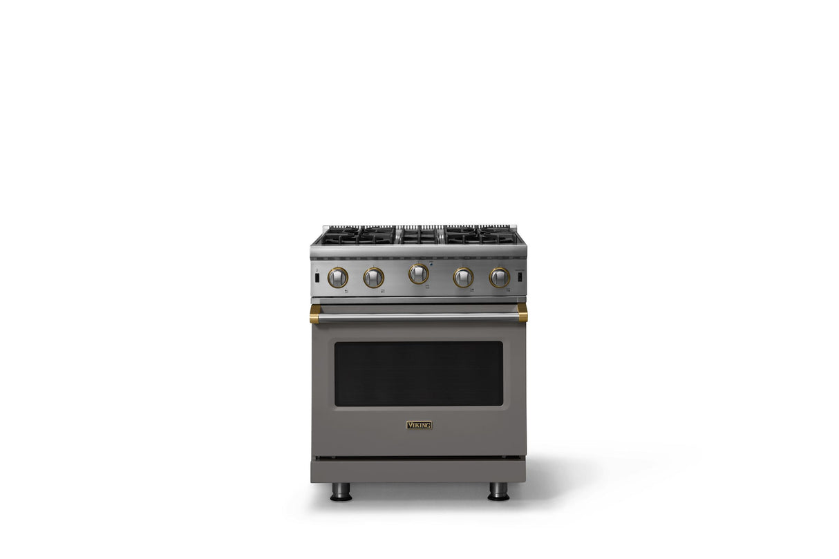 30"W. Open Burner Gas Range (Finish: Damascus Gray, Trim: Brushed Brass, Fuel: Propane)