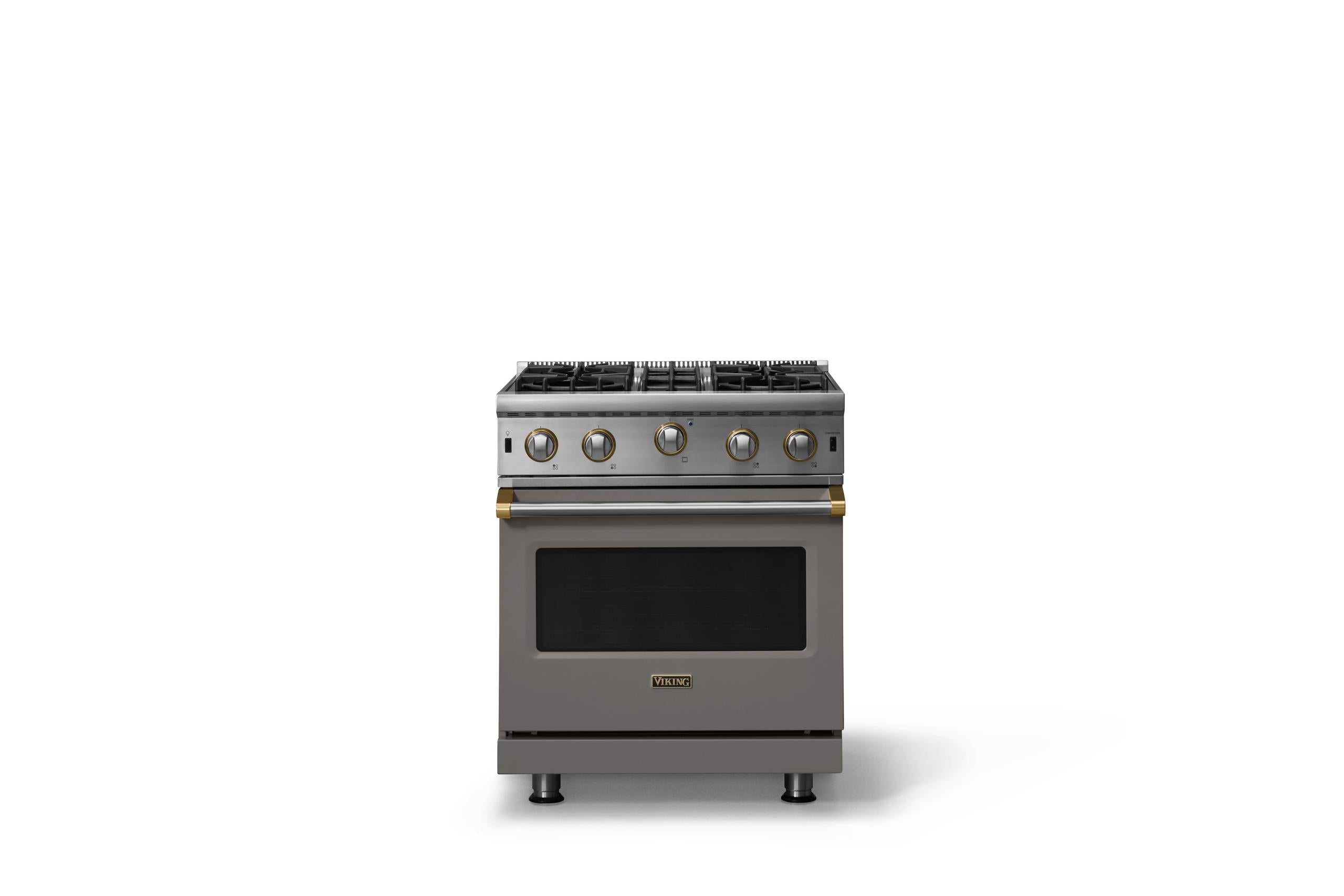 30"W. Open Burner Gas Range (Finish: Damascus Gray, Trim: Brushed Brass, Fuel: Propane)