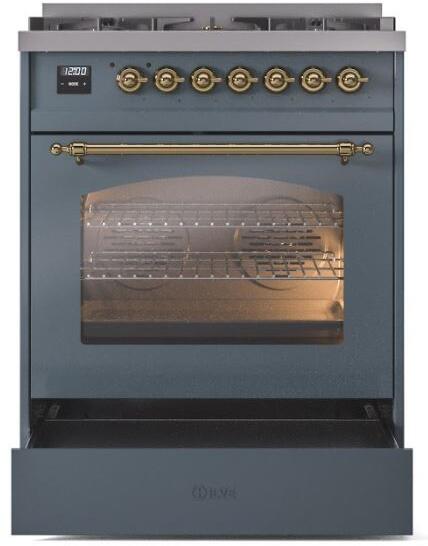 Nostalgie II 30 Inch Dual Fuel Liquid Propane Freestanding Range in Blue Grey with Brass Trim