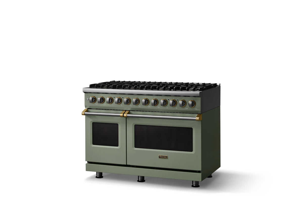 48"W. Dual Fuel Range (Burner: 8b, Finish: Eucalyptus, Trim: Brushed Brass, Fuel: Natural Gas)