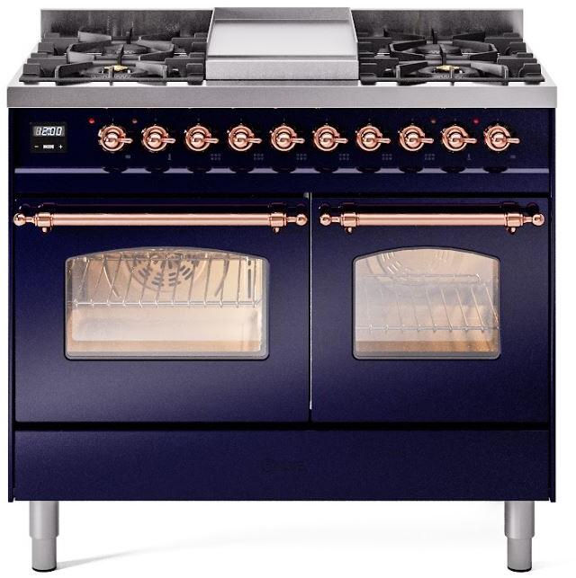 Nostalgie II 40 Inch Dual Fuel Natural Gas Freestanding Range in Blue with Copper Trim