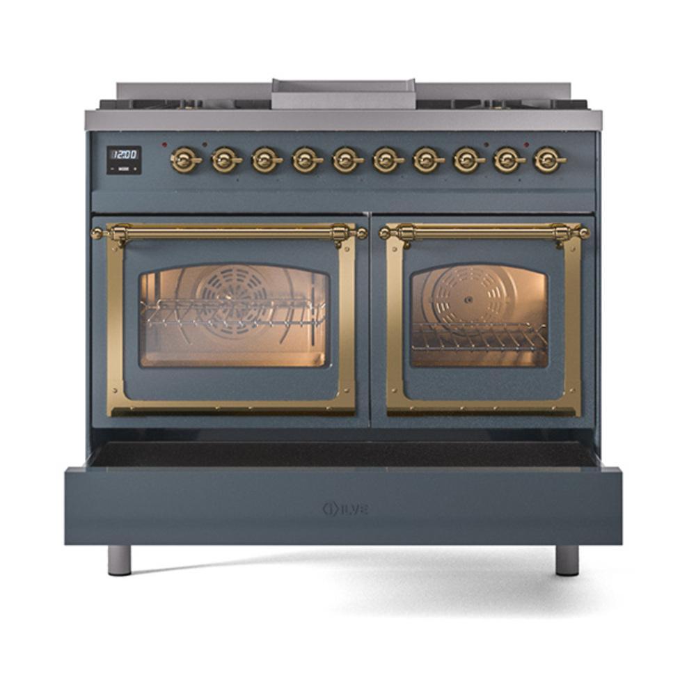 ILVE UND40FNMPBGG Nostalgie II Noblesse 40 inch Dual Fuel Range (Natural Gas, Triple Glass Door, Blue Grey, Brass)