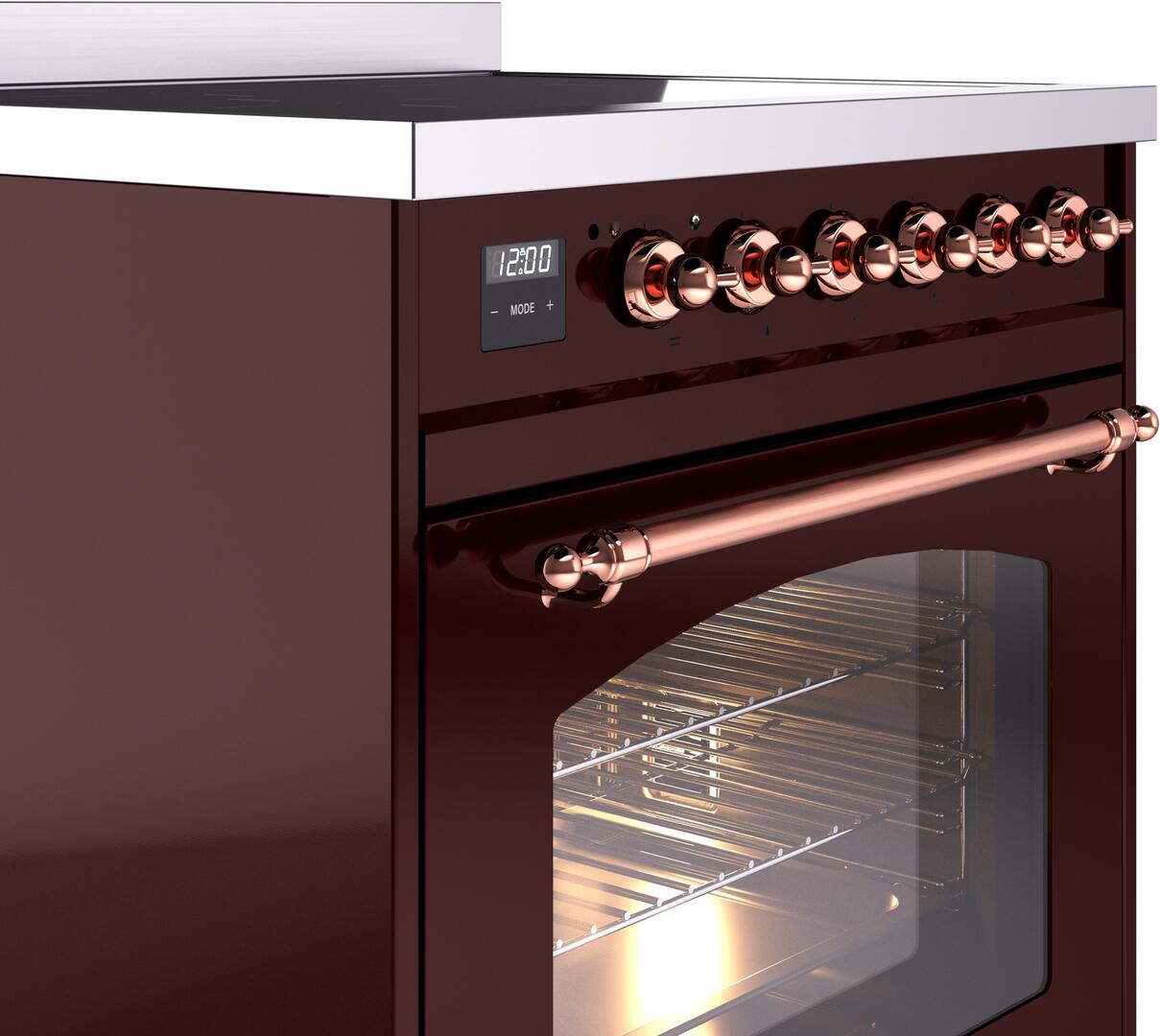 Nostalgie II 30 Inch Electric Freestanding Range in Burgundy with Copper Trim