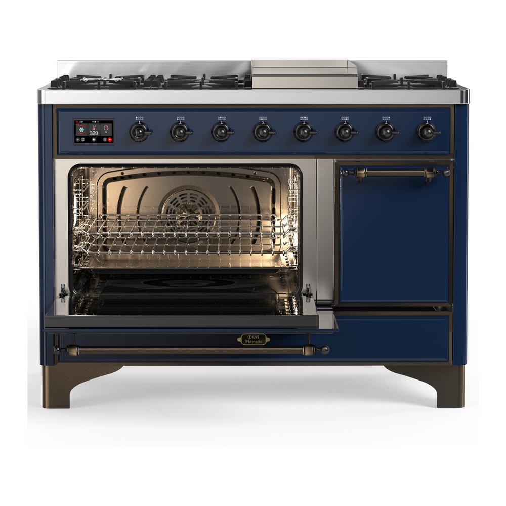 ILVE UM48FQNR3MBB Majestic III 48 inch Dual Fuel Range with 8 Burners and Griddle, Dual Function Burner up to 25,000 BTU (Natural Gas, Solid Door, Midnight Blue, Burnished)