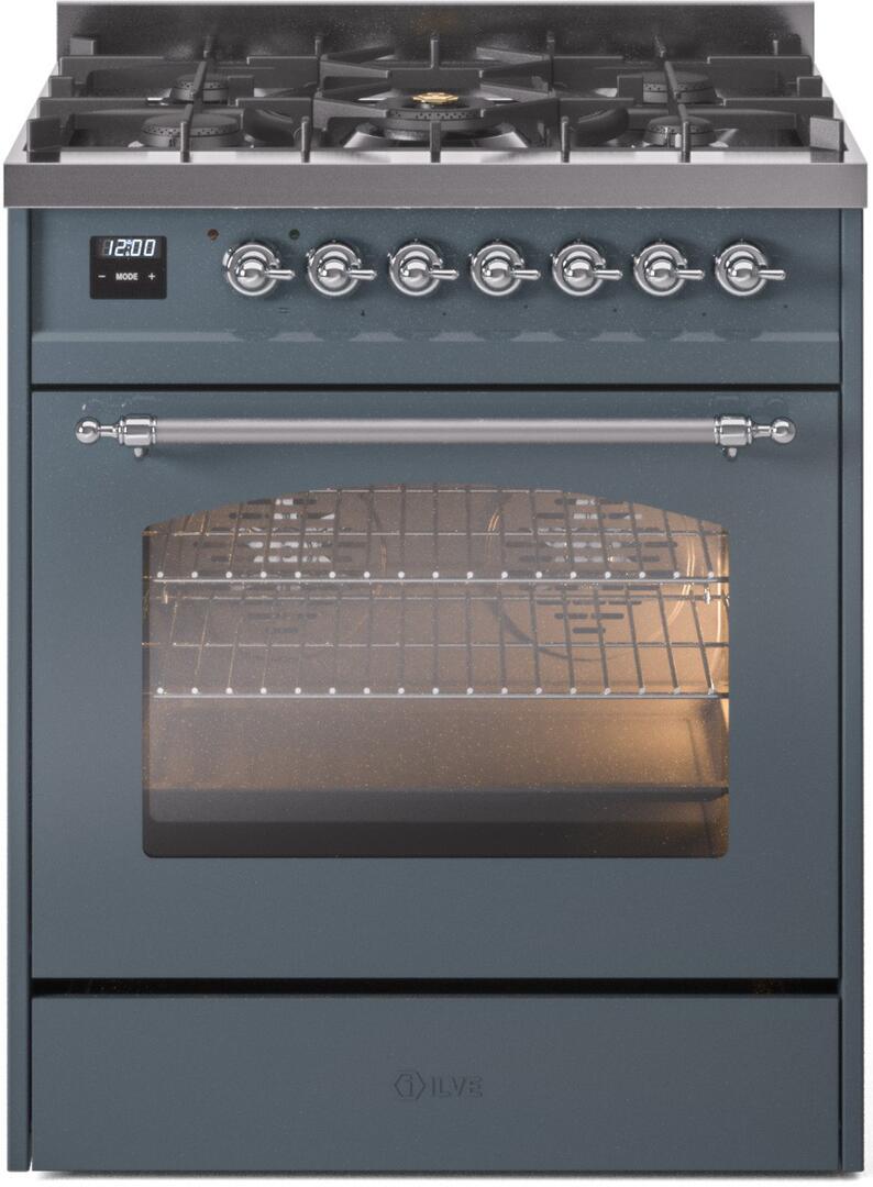 Nostalgie II 30 Inch Dual Fuel Liquid Propane Freestanding Range in Blue Grey with Chrome Trim