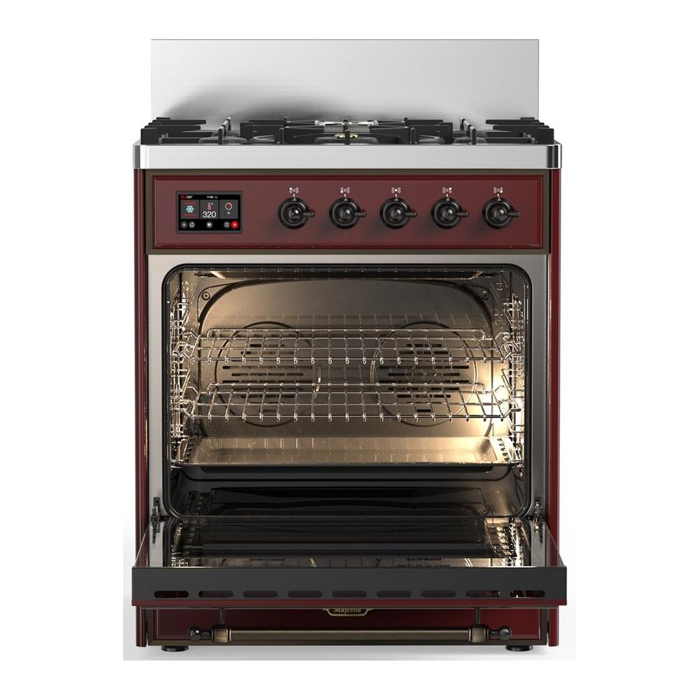 ILVE UM30NR3BUBLP Majestic III 30 inch Dual Fuel Range with 5 Black Brass Burners, Dual Function Burner up to 25,000 BTU (Liquid Propane, Triple Glass Door, Burgundy, Burnished)