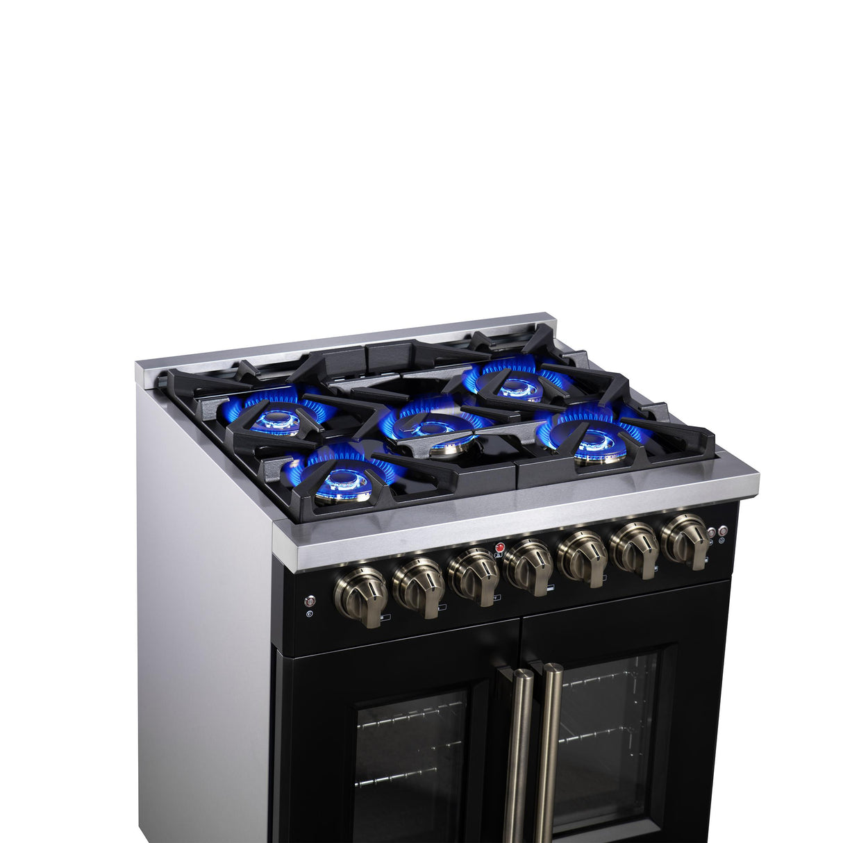 Forno Capriasca 30 Inch Freestanding French Door Dual Fuel Range in Black with Antique Brass Accessories, 5 Burners, True Convection Oven