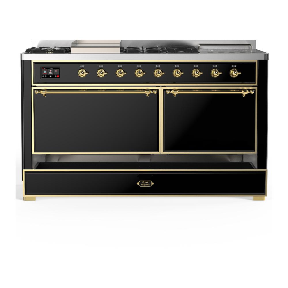 ILVE UM60FSQNR3BKGLP Majestic III 60 inch Dual Fuel Range with 7 Burners, Griddle and French Top, Dual Function Burner with up to 25,000 BTU (Liquid Propane, Solid Door, Glossy Black, Brass)