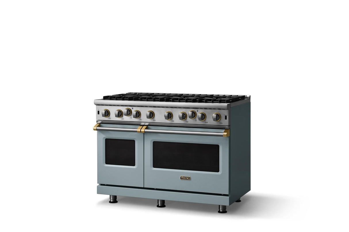48"W. Open Burner Gas Range (Finish: November Sky, Trim: Brushed Brass, Fuel: Propane)