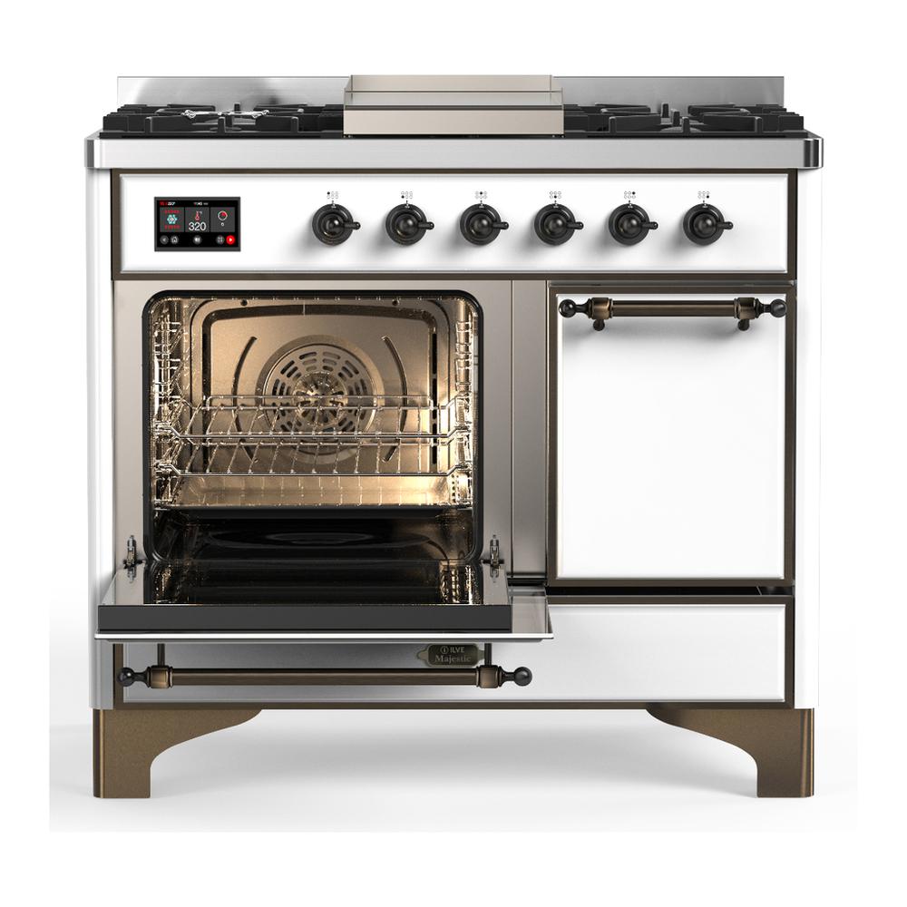 ILVE UMD40FQNR3WHB Majestic III 40 inch Dual Fuel Range with 6 Burners and Griddle, Dual Function Burner up to 25,000 BTU (Natural Gas, Solid Door, White, Burnished)