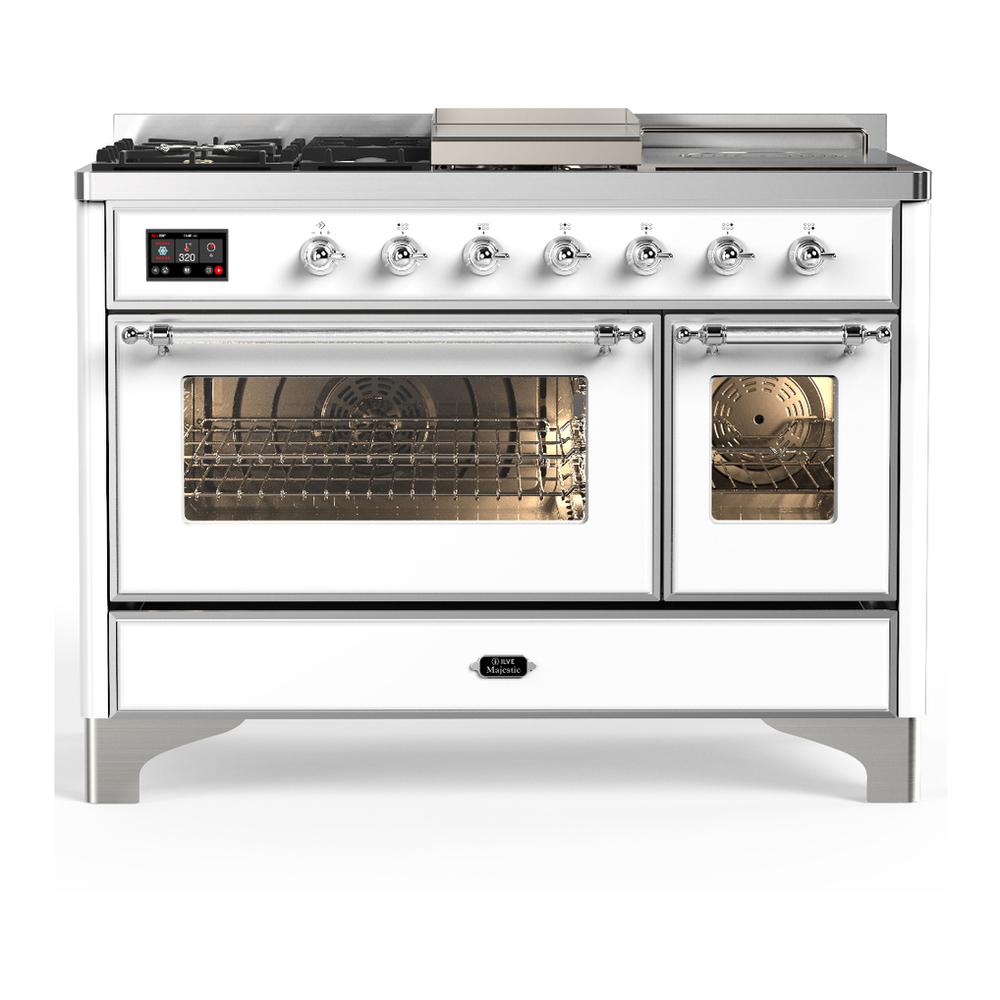 ILVE UM48FSNR3WHC Majestic III 48 inch Dual Fuel Range with 5 Black Brass Burners, Griddle and French Top, Dual Function Burner up to 25,000 BTU (Natural Gas, Triple Glass Door, White, Chrome)