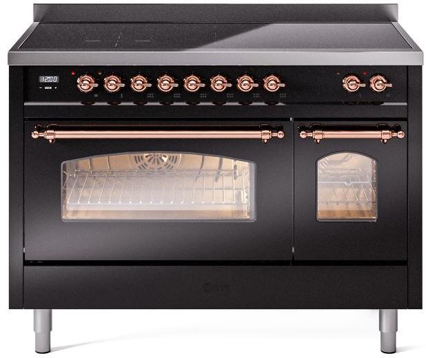 Nostalgie II 48 Inch Electric Freestanding Range in Glossy Black with Copper Trim