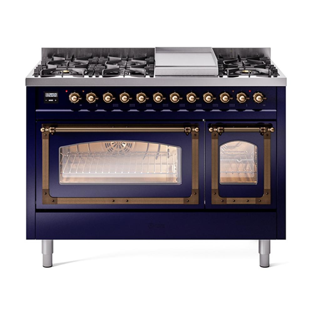 ILVE UN48FNMPMBBLP Nostalgie II Noblesse 48 inch Dual Fuel Range (8 Sealed Burners + Griddle, Liquid Propane, Triple Glass Door, Midnight Blue, Burnished)