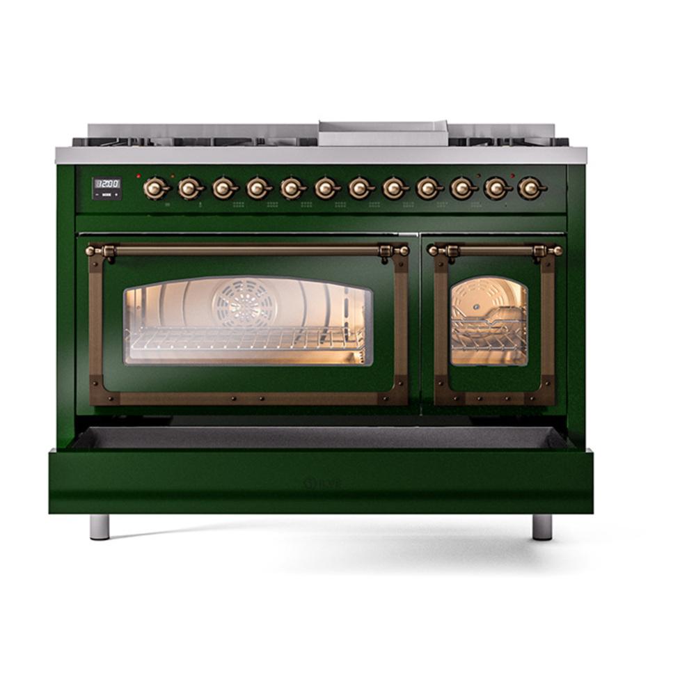 ILVE UN48FNMPEGBLP Nostalgie II Noblesse 48 inch Dual Fuel Range (8 Sealed Burners + Griddle, Liquid Propane, Triple Glass Door, Emerald Green, Burnished)