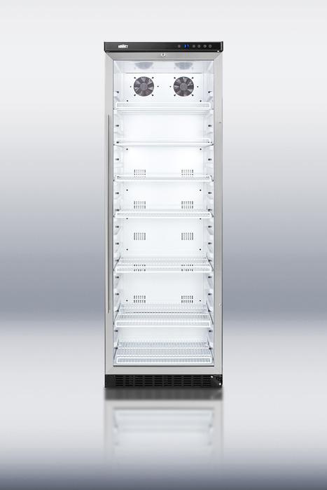 Commercial glass door beverage merchandiser with 14.5 cu.ft. capacity and a digital thermostat