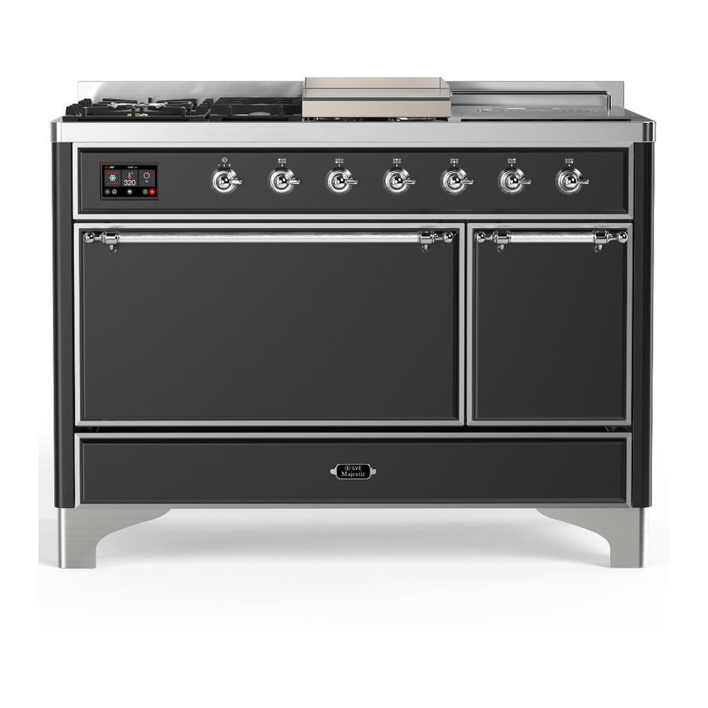 ILVE UM48FSQNR3MGC Majestic III 48 inch Dual Fuel Range with 5 Black Brass Burners, Griddle and French Top, Dual Function Burner up to 25,000 BTU (Natural Gas, Solid Door, Graphite Matte, Chrome)