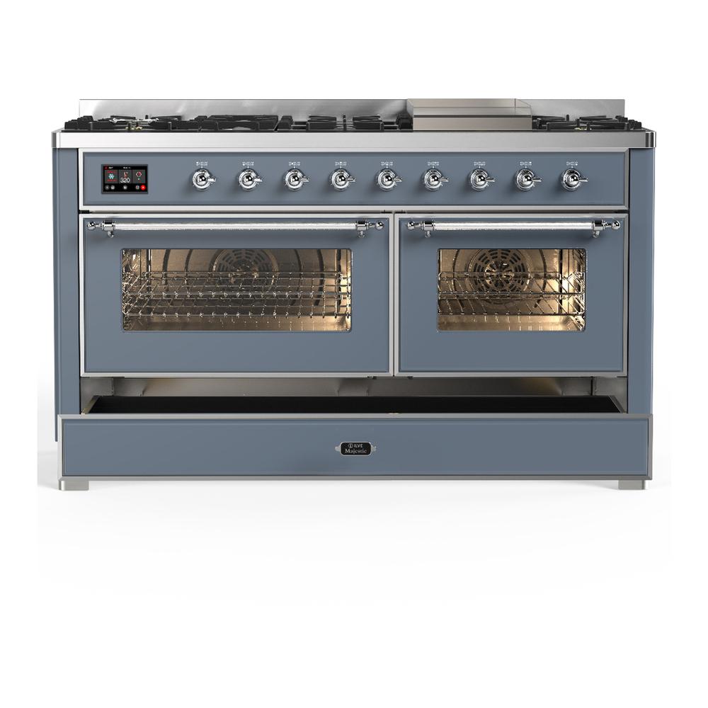 ILVE UM60FNR3BGC Majestic III 60 inch Dual Fuel Range with 9 Burners and Griddle, Dual Function Burner up to 25,000 BTU (Natural Gas, Triple Glass Door, Blue Grey, Chrome)