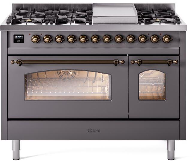 Nostalgie II 48 Inch Dual Fuel Natural Gas Freestanding Range in Matte Graphite with Bronze Trim