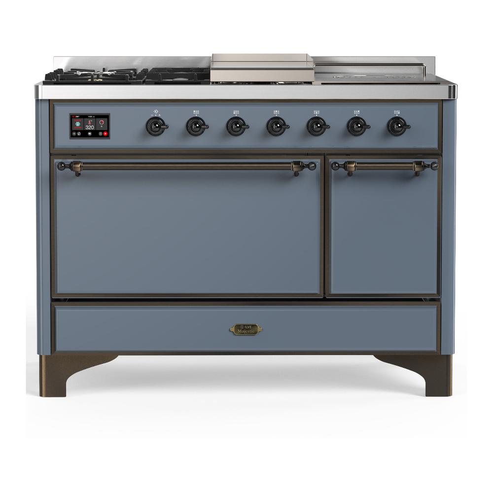 ILVE UM48FSQNR3BGB Majestic III 48 inch Dual Fuel Range with 5 Black Brass Burners, Griddle and French Top, Dual Function Burner up to 25,000 BTU (Natural Gas, Solid Door, Blue Grey, Burnished)
