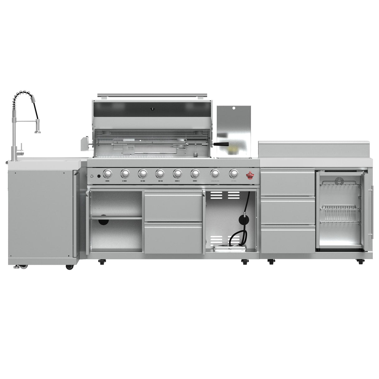 FORNO Bulnes 40-Inch BBQ, 95,000 BTU, 5 Burners, Sear & Rotisserie Infrared with Side Burner, Stainless Steel Outdoor Kitchen with 1.8 cu.ft. Beverage Center & White Sintered Stone Countertops