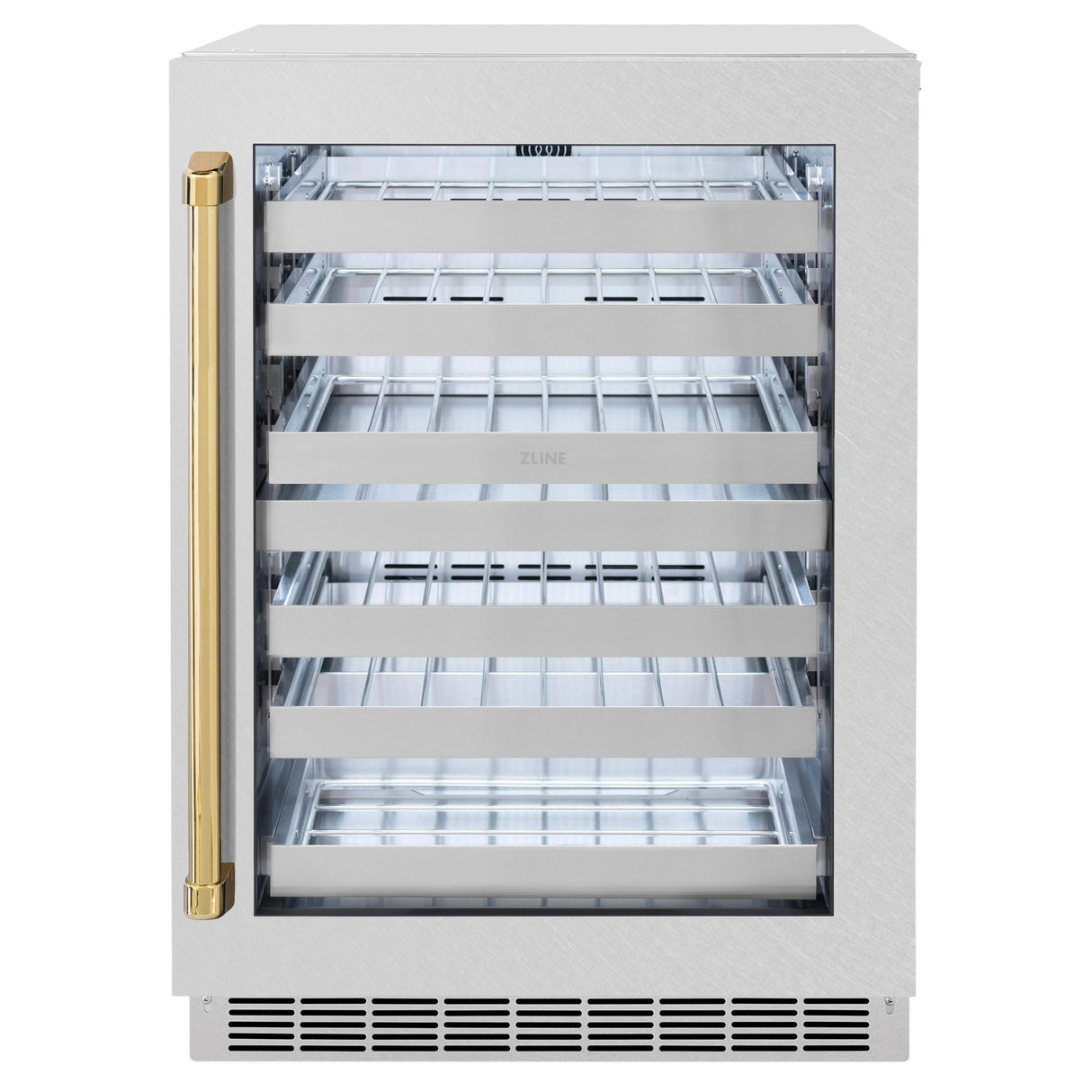 ZLINE Autograph Edition 24 in. Touchstone Dual Zone 44 Bottle Wine Cooler With DuraSnow' Stainless Steel Glass Door And Polished Gold Handle (RWDOZ-SN-24-G)