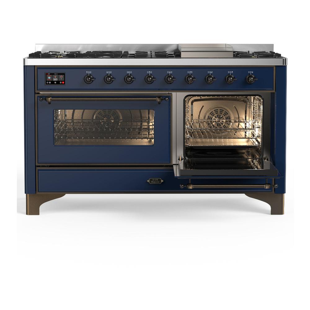 ILVE UM60FNR3MBBLP Majestic III 60 inch Dual Fuel Range with 9 Burners and Griddle, Dual Function Burner up to 25,000 BTU (Liquid Propane, Triple Glass Door, Midnight Blue, Burnished)