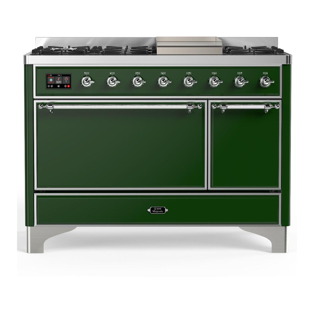 ILVE UM48FQNR3EGC Majestic III 48 inch Dual Fuel Range with 8 Burners and Griddle, Dual Function Burner up to 25,000 BTU (Natural Gas, Solid Door, Emerald Green, Chrome)