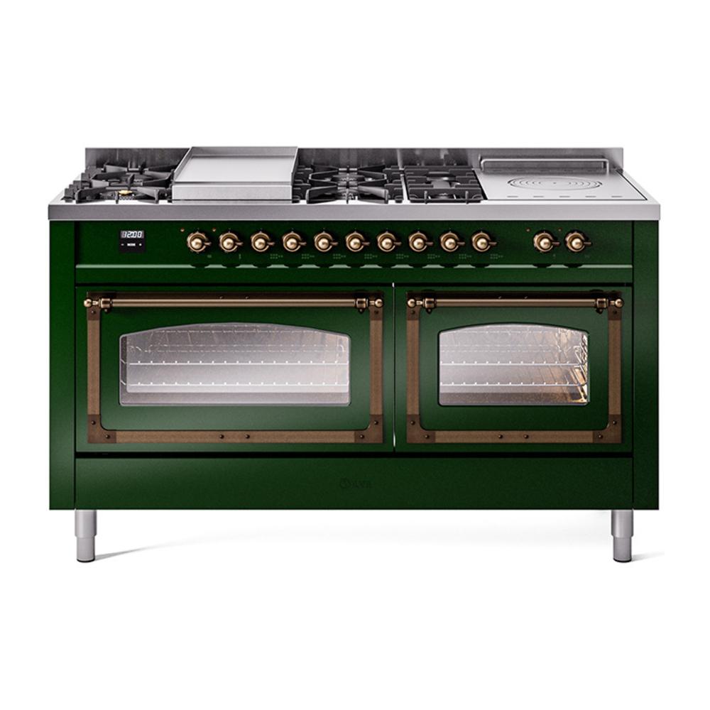 ILVE UN60FSNMPEGB Nostalgie II Noblesse 60 inch Dual Fuel Range (7 Sealed Burners + Griddle + French Top, Natural Gas, Triple Glass Door, Emerald Green, Burnished)