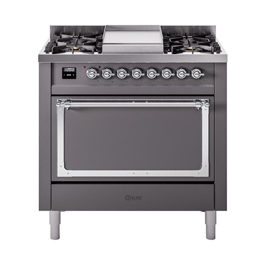 ILVE UN36FQNMPMGC Nostalgie II Noblesse 36 inch Dual Fuel Range (Natural Gas, Solid Door, Graphite Matte, Chrome)