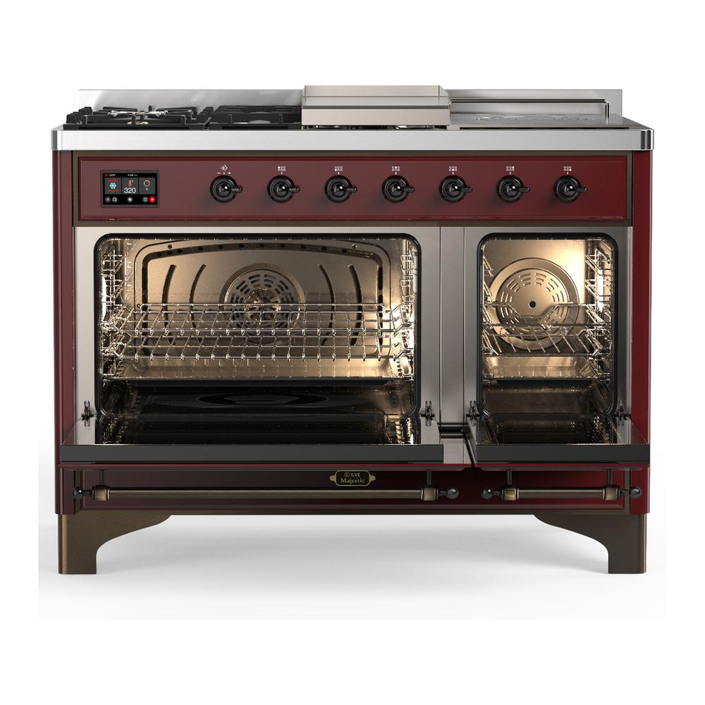 ILVE UM48FSQNR3BUBLP Majestic III 48 inch Dual Fuel Range with 5 Black Brass Burners, Griddle and French Top, Dual Function Burner up to 25,000 BTU (Liquid Propane, Solid Door, Burgundy, Burnished)