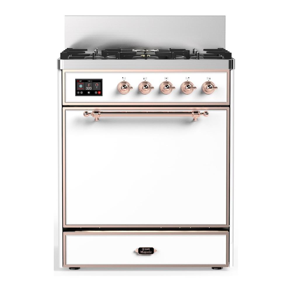 ILVE UM30QNR3WHPLP Majestic III 30 inch Dual Fuel Range with 5 Black Brass Burners, Dual Function Burner up to 25,000 BTU (Liquid Propane, Solid Door, White, Copper)