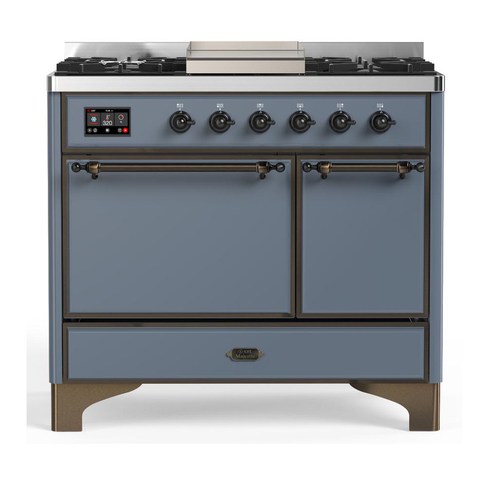 ILVE UMD40FQNR3BGBLP Majestic III 40 inch Dual Fuel Range with 6 Burners and Griddle, Dual Function Burner up to 25,000 BTU (Liquid Propane, Solid Door, Blue Grey, Burnished)