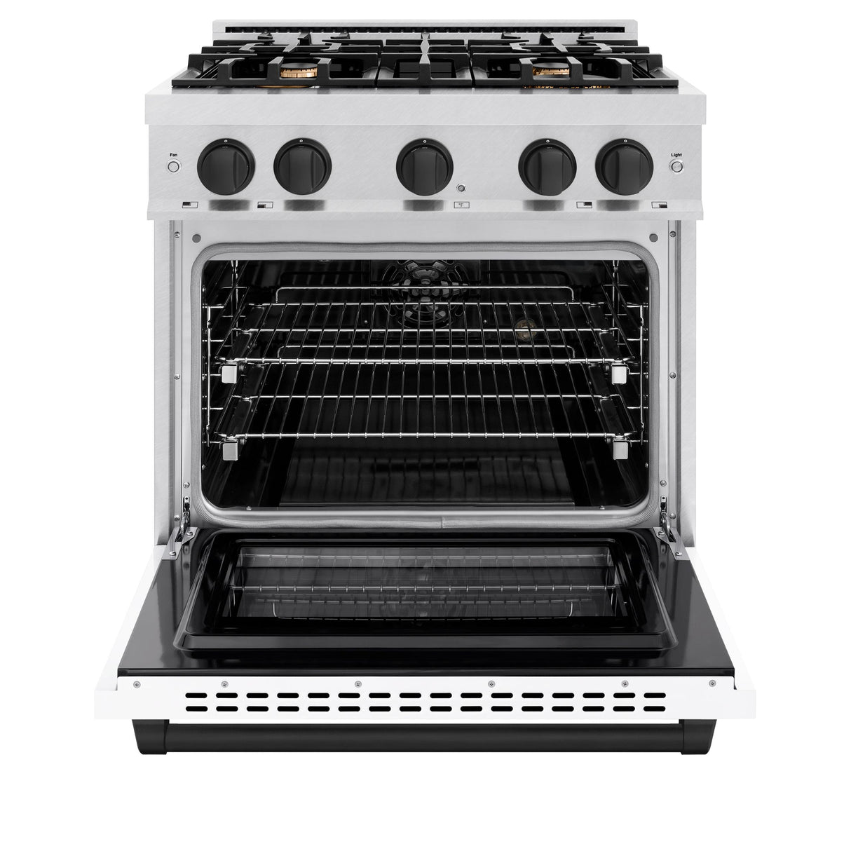 ZLINE Autograph Edition 30 in. 4.2 cu. ft. Select Dual Fuel Range with 4 Burner Gas Cooktop and Electric Convection Oven in DuraSnow' Stainless Steel with White Matte Door and Matte Black Accents (HDRSZ-WM-30-MB)