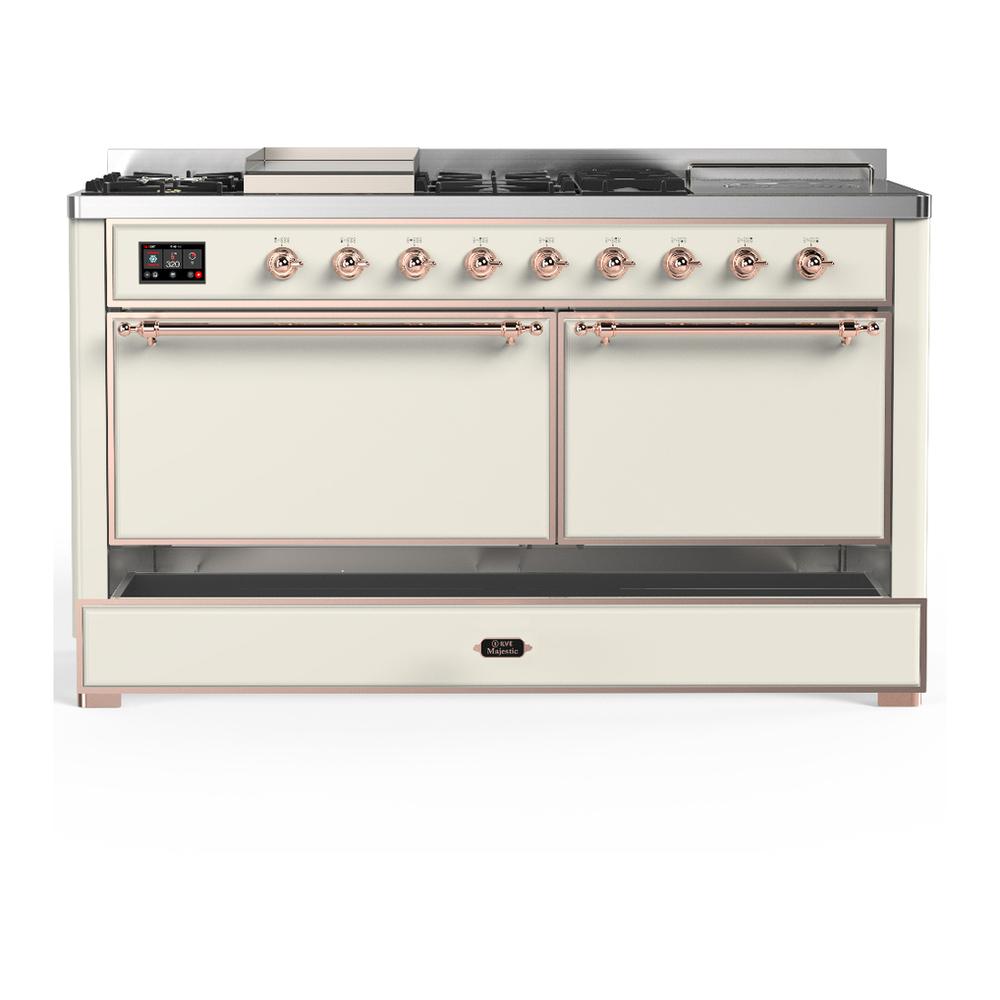 ILVE UM60FSQNR3AWP Majestic III 60 inch Dual Fuel Range with 7 Burners, Griddle and French Top, Dual Function Burner with up to 25,000 BTU (Natural Gas, Solid Door, Antique White, Copper)