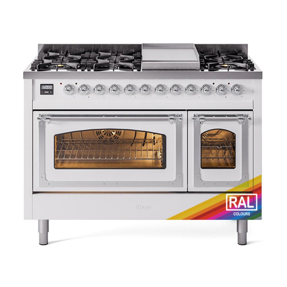 ILVE UN48FNMPRAC Nostalgie II Noblesse 48 inch Dual Fuel Range (8 Sealed Burners + Griddle, Natural Gas, Triple Glass Door, RAL, Chrome)
