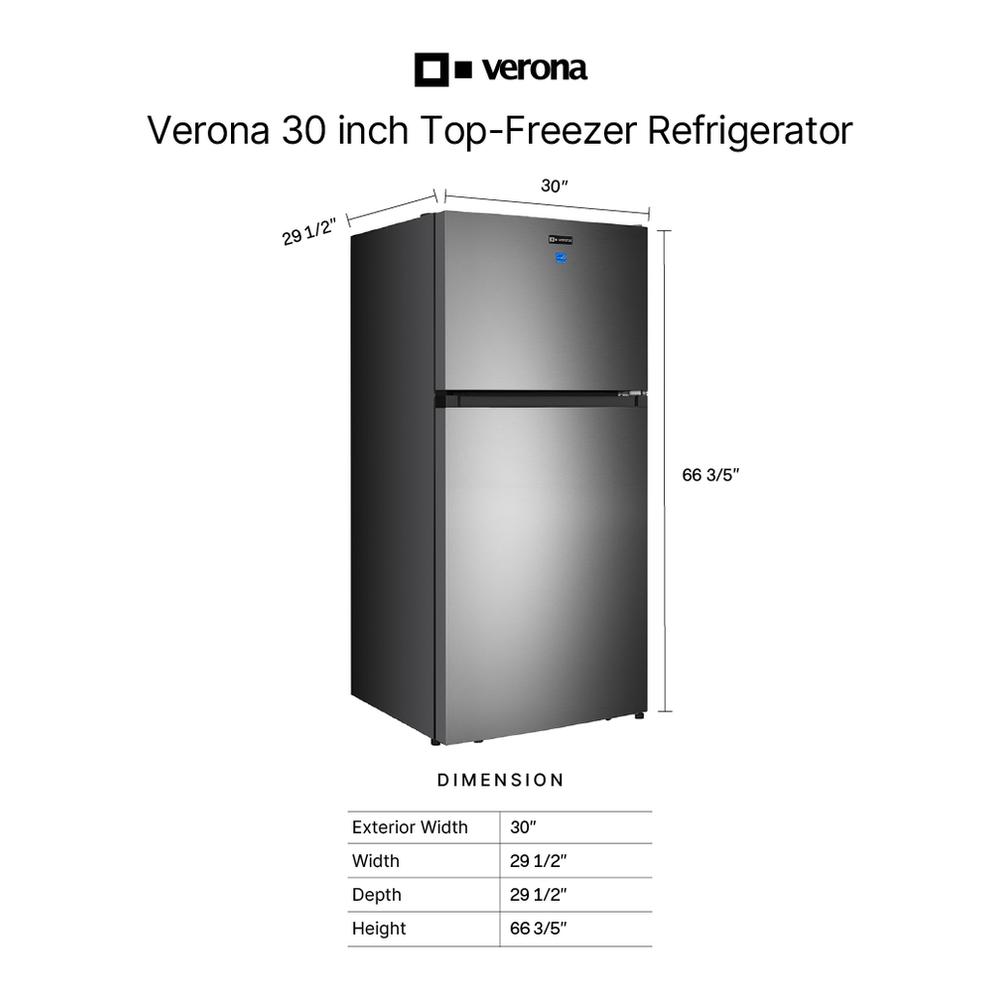 Verona VEFTF3018RBK 30 inch Top Freezer Refrigerator with 18.1 cu. ft. Total Capacity, LED Lighting, Reversible Doors, Gallon Door Storage, Recessed Handle, Energy Star (Black)