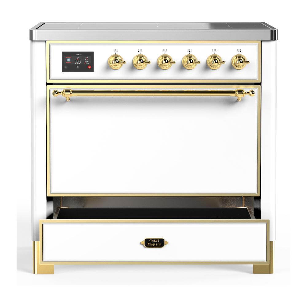 ILVE UMIB36QNR3WHG Majestic III 36 inch Induction Range with 6 Elements, 3.5 cu. ft. Total Oven Capacity (Solid Door, White, Brass)