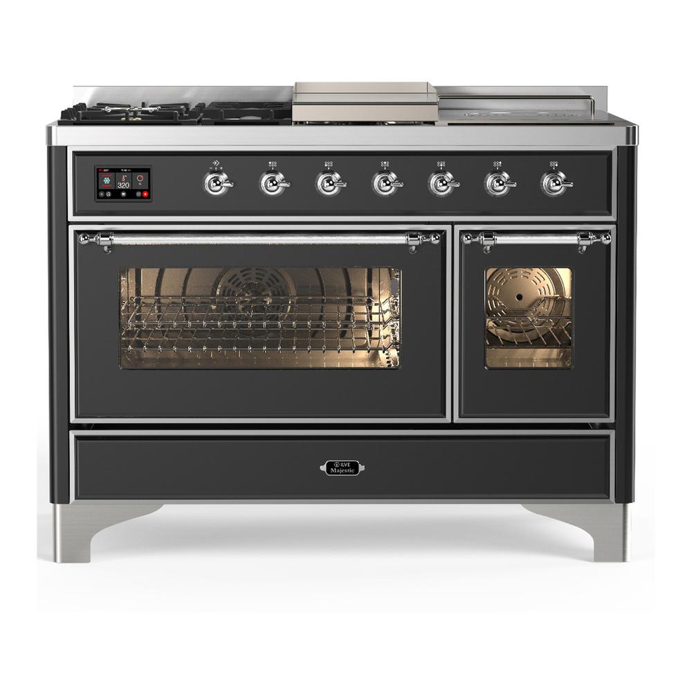 ILVE UM48FSNR3MGC Majestic III 48 inch Dual Fuel Range with 5 Black Brass Burners, Griddle and French Top, Dual Function Burner up to 25,000 BTU (Natural Gas, Triple Glass Door, Graphite Matte, Chrome)