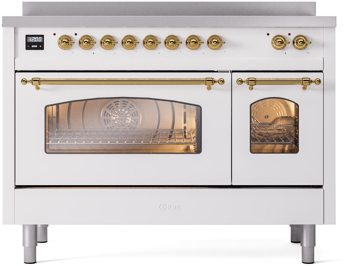 Nostalgie II 48 Inch Electric Freestanding Range in White with Brass Trim