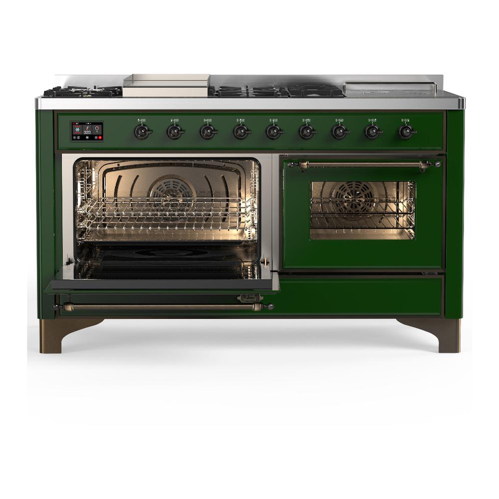 ILVE UM60FSNR3EGBLP Majestic III 60 inch Dual Fuel Range with 7 Burners, Griddle and French Top, Dual Function Burner with up to 25,000 BTU (Liquid Propane, Triple Glass Door, Emerald Green, Burnished)