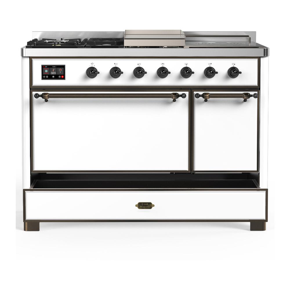 ILVE UM48FSQNR3WHBLP Majestic III 48 inch Dual Fuel Range with 5 Black Brass Burners, Griddle and French Top, Dual Function Burner up to 25,000 BTU (Liquid Propane, Solid Door, White, Burnished)