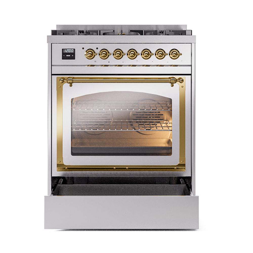 ILVE UN30NMPSSGLP Nostalgie II Noblesse 30 inch Dual Fuel Range (Liquid Propane, Triple Glass Door, Stainless Steel, Brass)