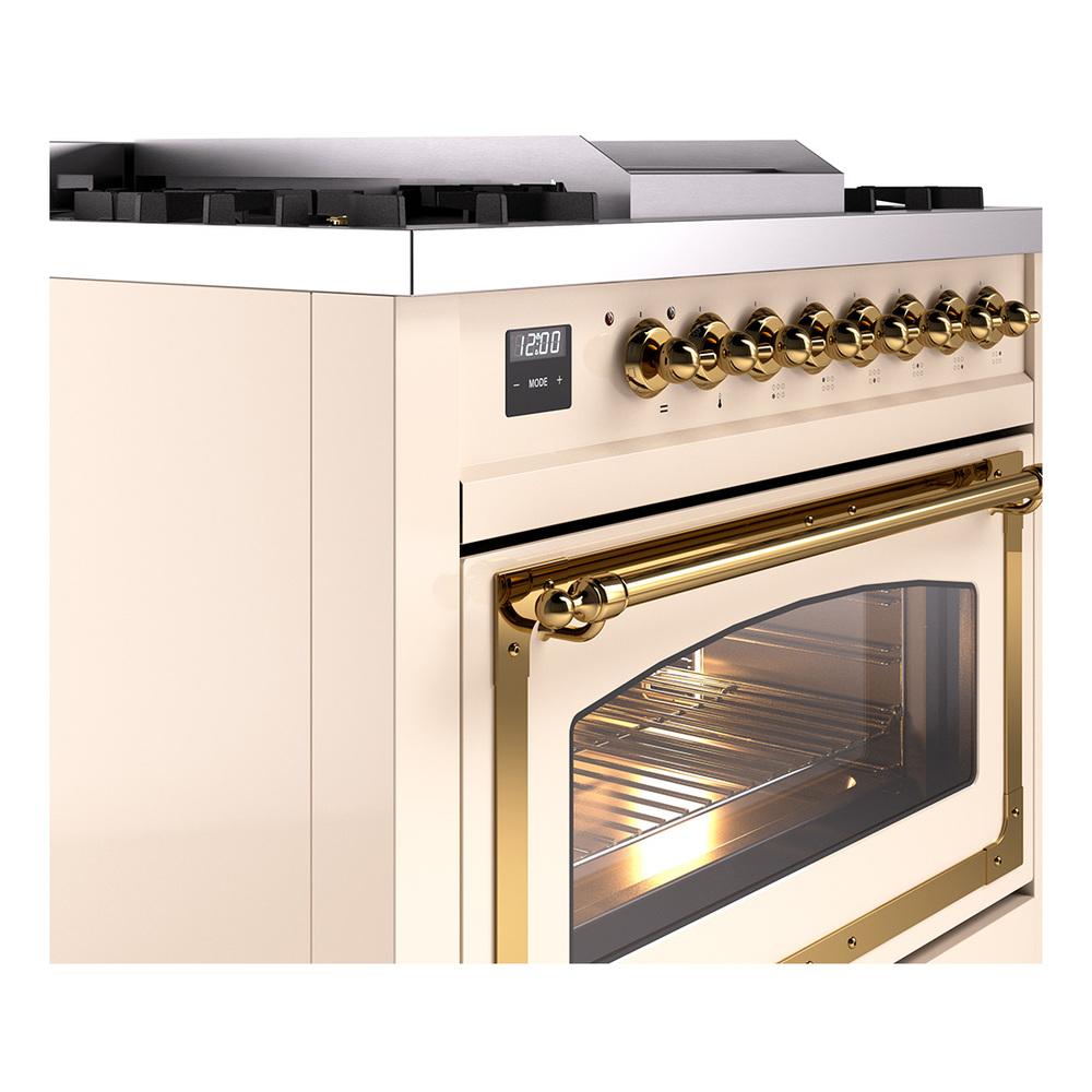 ILVE UN36FNMPAWGLP Nostalgie II Noblesse 36 inch Dual Fuel Range (Liquid Propane, Triple Glass Door, Antique White, Brass)