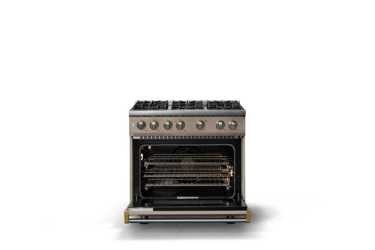 36"W. Sealed Burner Gas Range (Burner: 6b, Finish: Nantucket, Trim: Polished Chrome, Fuel: Propane)