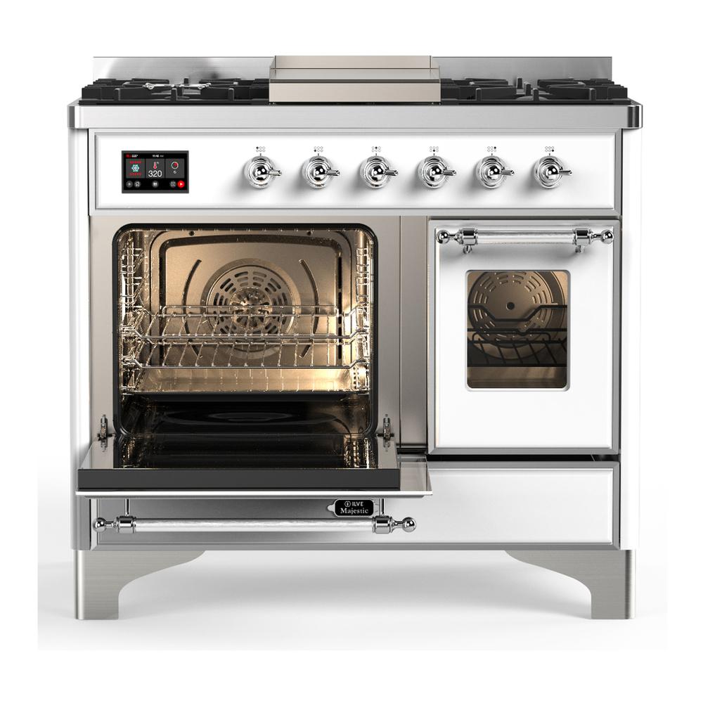 ILVE UMD40FNR3WHCLP Majestic III 40 inch Dual Fuel Range with 6 Burners and Griddle, Dual Function Burner up to 25,000 BTU (Liquid Propane, Triple Glass Door, White, Chrome)