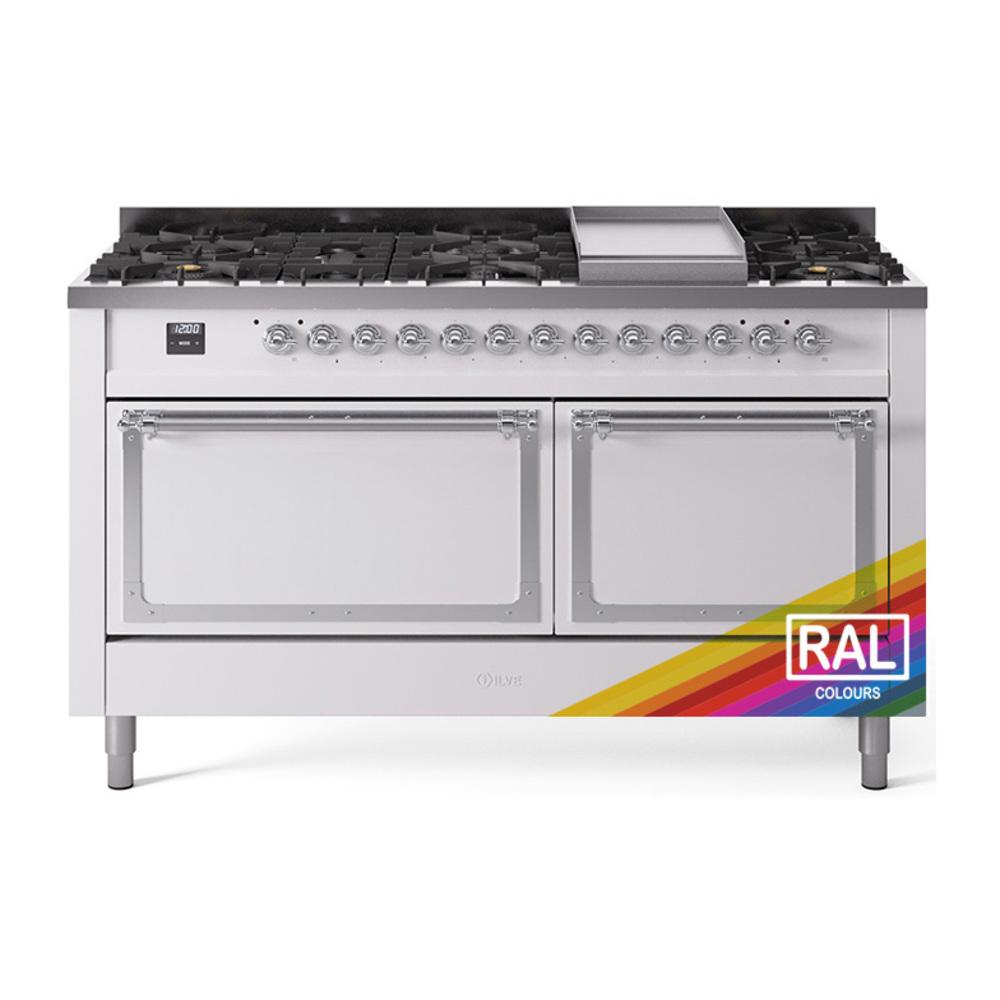 ILVE UN60FQNMPRACLP Nostalgie II Noblesse 60 inch Dual Fuel Range (9 Sealed Burners + Griddle, Liquid Propane, Solid Door, RAL, Chrome)