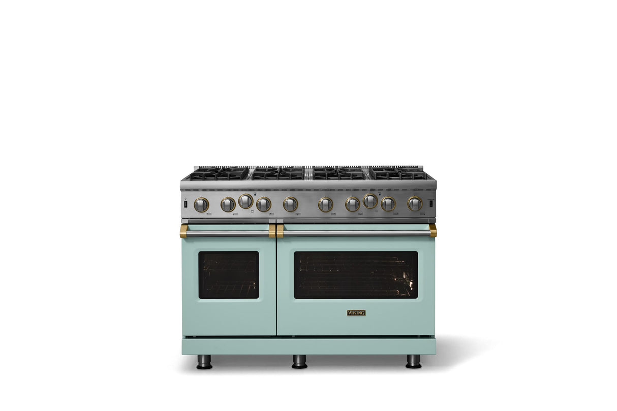 48"W. Open Burner Gas Range (Finish: Splash, Trim: Brushed Brass, Fuel: Natural Gas)