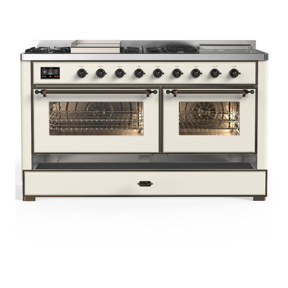 ILVE UM60FSNR3AWBLP Majestic III 60 inch Dual Fuel Range with 7 Burners, Griddle and French Top, Dual Function Burner with up to 25,000 BTU (Liquid Propane, Triple Glass Door, Antique White, Burnished)